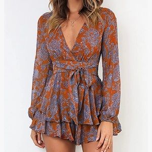 Romper, blue and burnt orange, zip back and tie front.